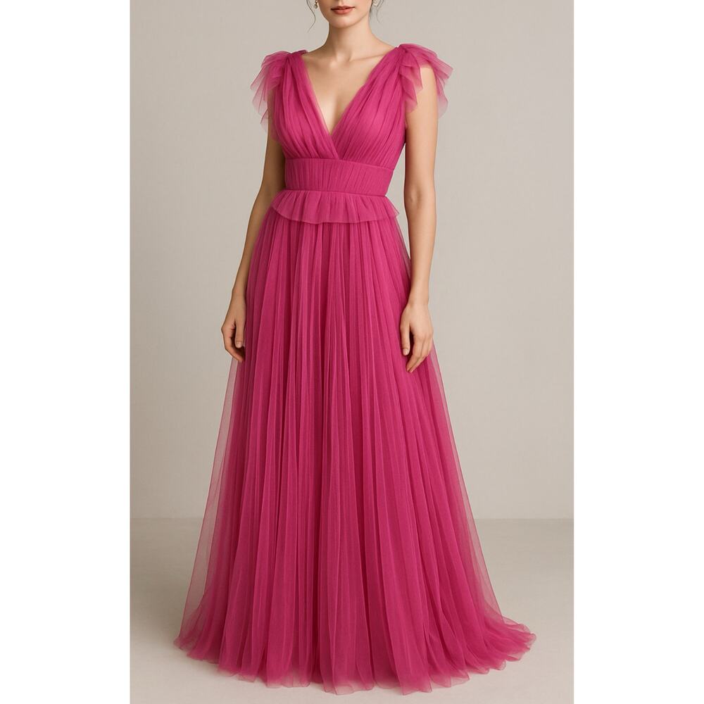 MARIA LUCIA HOHAN Iselin Ruffle Tulle Pink Maxi Dress Size 4